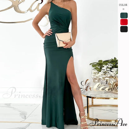 Alda One Shoulder Charming High Low Crepe Dress Green / XS