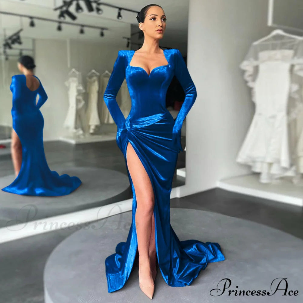 Aleah High Stylish Slit Velvet Dress BLUE / S