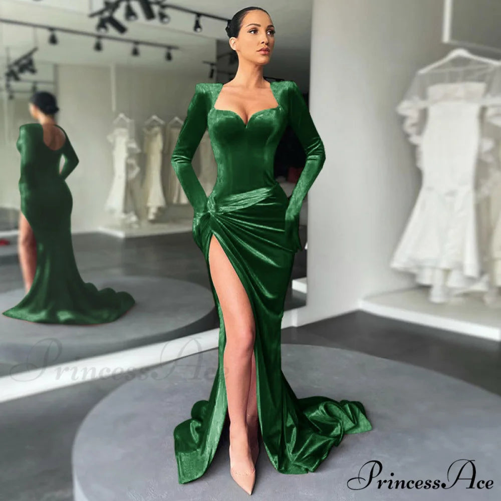 Aleah High Stylish Slit Velvet Dress GREEN / S