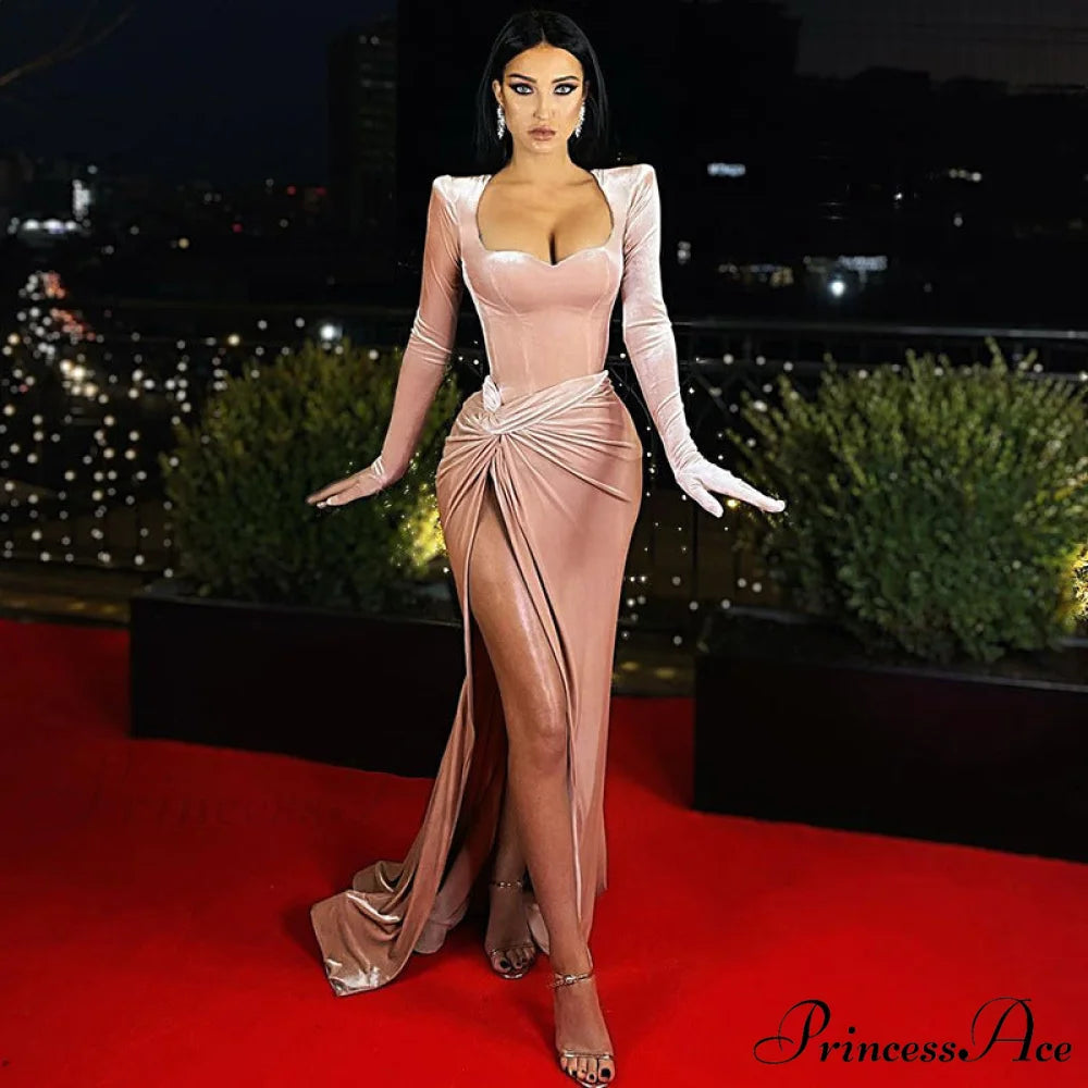 Aleah High Stylish Slit Velvet Dress PINK / S