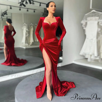 Aleah High Stylish Slit Velvet Dress RED / S