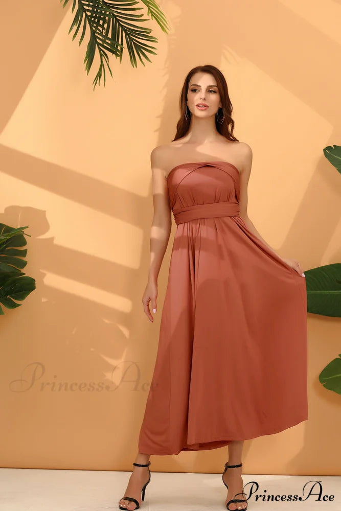 Alexandra Satin Lace Charming Back A-Line Dress Brick-red / S