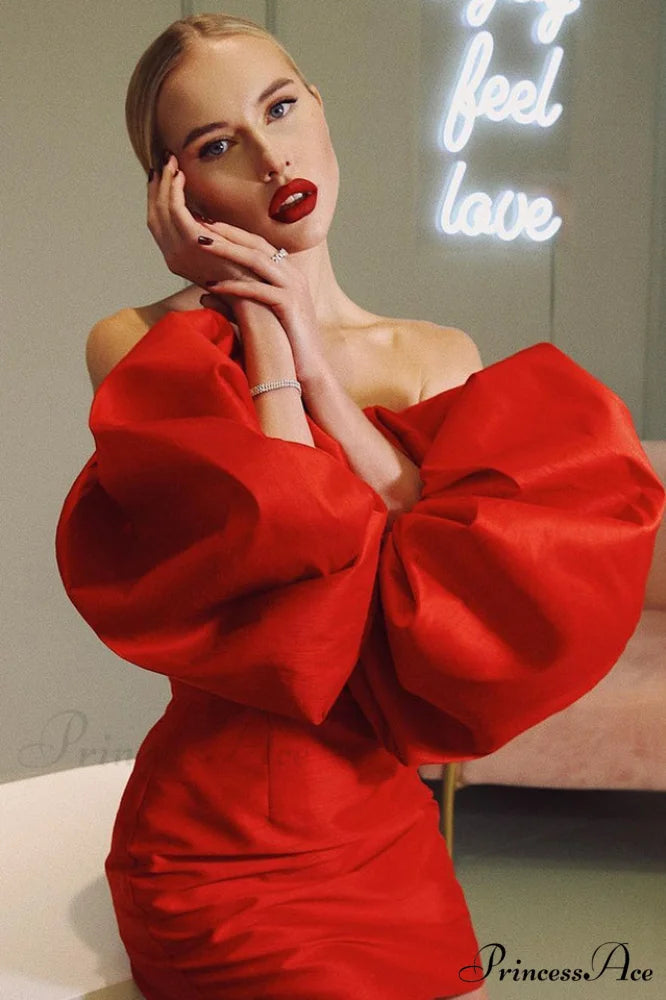 Alexandrine Puff Stylish Sleeve Mini Dress S / Scarlet