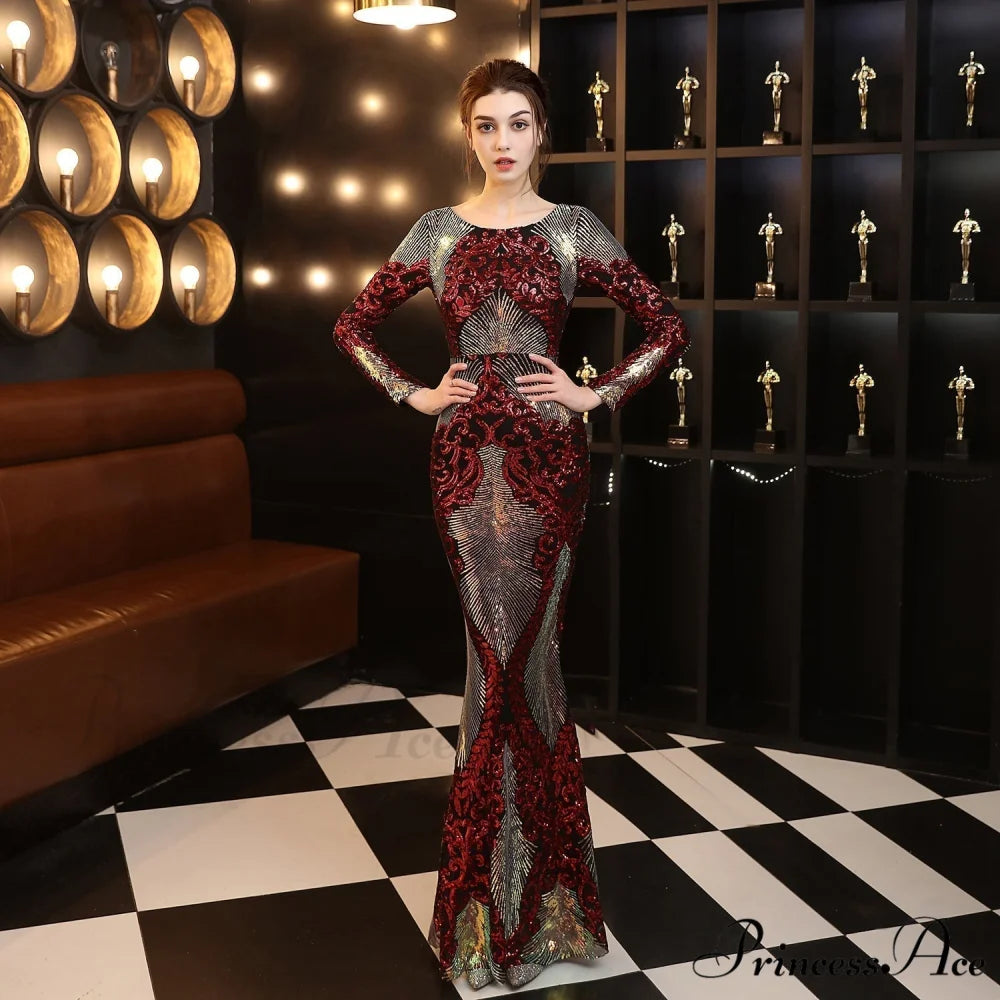 Alexis Stylish stitching floor Graceful mopping long sequin dress BLACK RED / XS