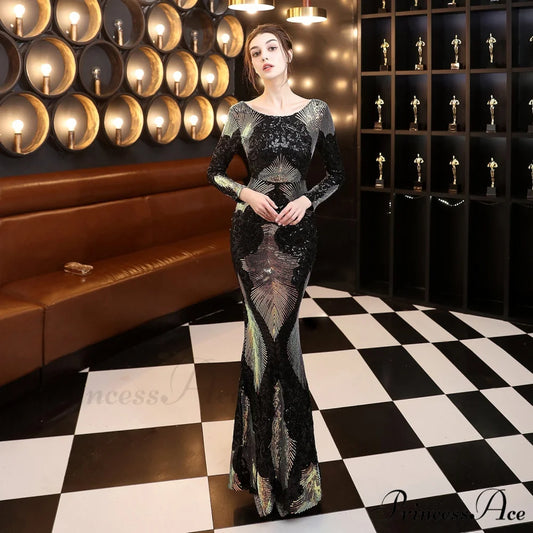 Alexis Stylish stitching floor Graceful mopping long sequin dress BLACK / XS