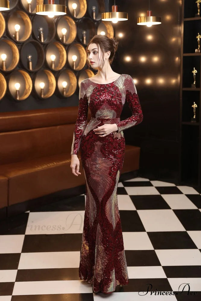 Alexis Stylish stitching floor Graceful mopping long sequin dress BURGUNDY / XS