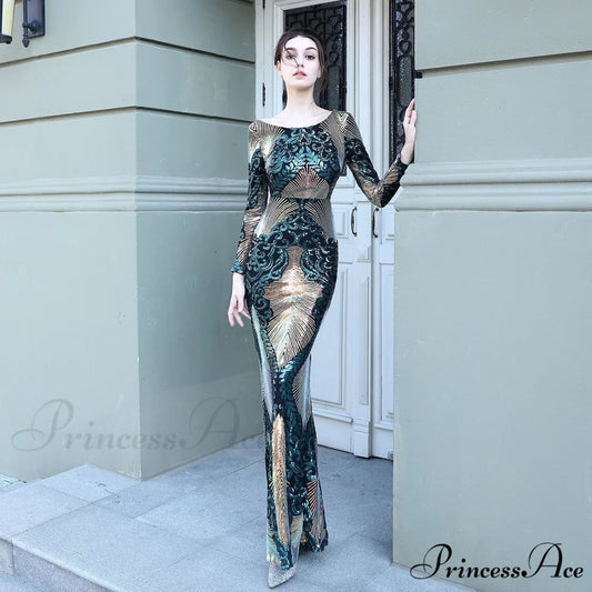 Alexis Stylish stitching floor Graceful mopping long sequin dress HUNTER / XS