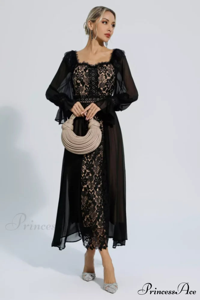Aliana Floral Hollow Charming Long Sleeve Dress