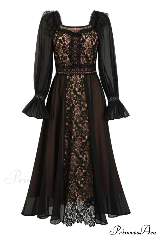 Aliana Floral Hollow Charming Long Sleeve Dress S / Black