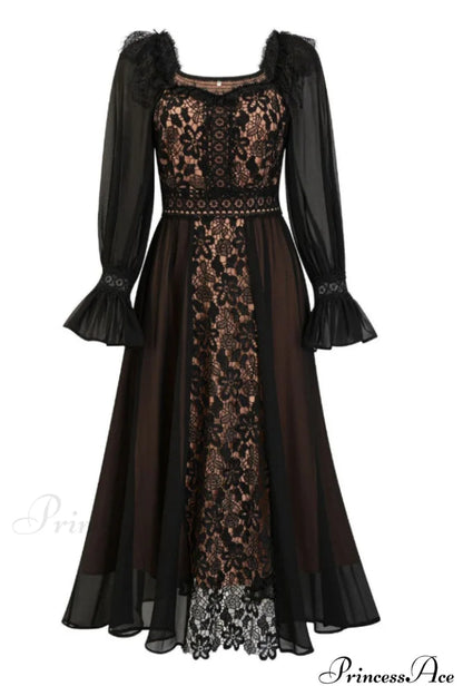 Aliana Floral Hollow Charming Long Sleeve Dress S / Black
