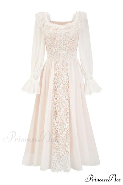 Aliana Floral Hollow Charming Long Sleeve Dress S / White