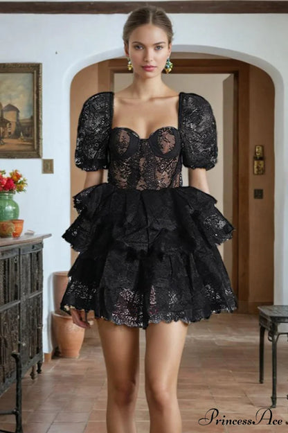 Alix Puff Shoulder Charming Tiered Mini Dress S / Black