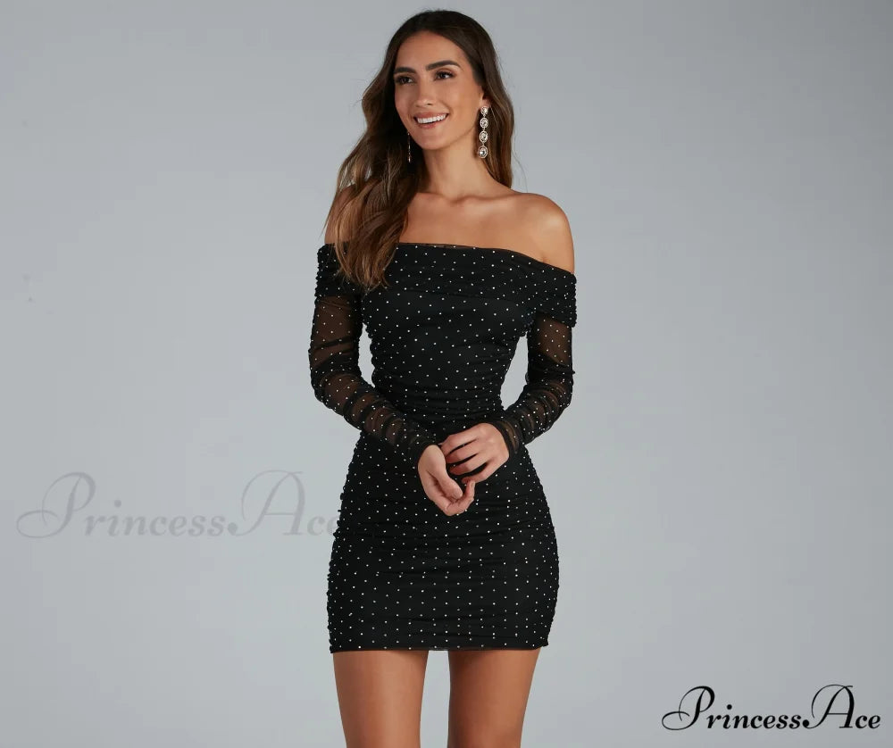 Aliya Formal Stylish Heatstone Ruched Bodycon BLACK / XS