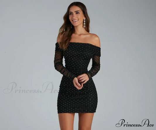 Aliya Formal Stylish Heatstone Ruched Bodycon BLACK / XS