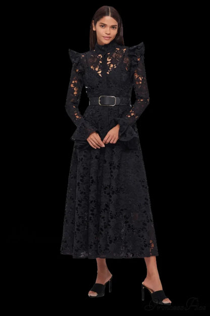 Aliyah Lace Fashion Charming Sleeve Midi Dress S / Black