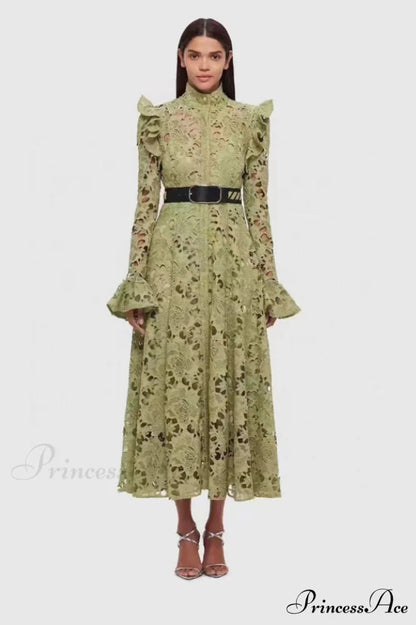 Aliyah Lace Fashion Charming Sleeve Midi Dress S / Olive