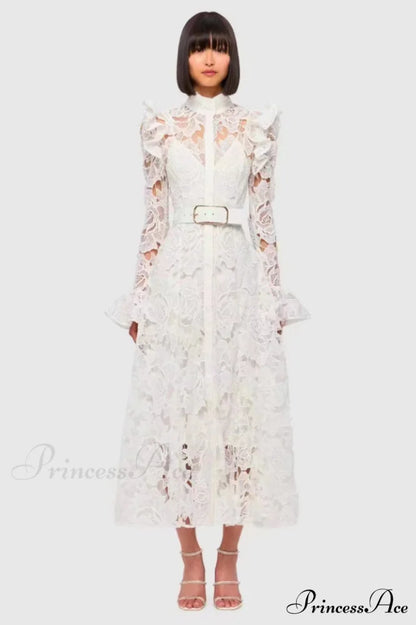 Aliyah Lace Fashion Charming Sleeve Midi Dress S / White