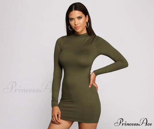 All About Knit Charming Mock Neck Mini Dress OLIVE / XS