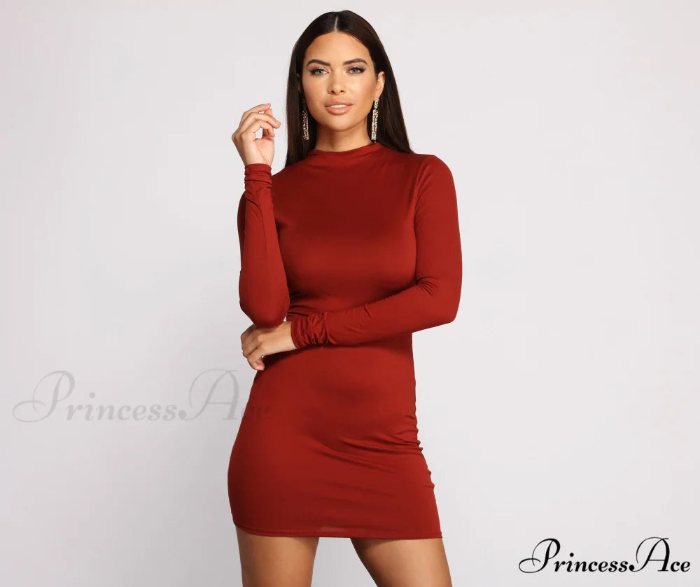 All About Knit Charming Mock Neck Mini Dress RUST / XS