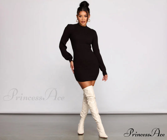 All Dolled Up Charming Ribbed Knit Mini Dress BLACK / XS