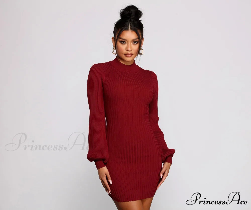 All Dolled Up Charming Ribbed Knit Mini Dress BURGUNDY / XS