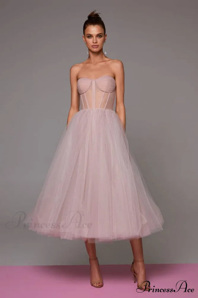 All For Love Trendy Strapless Tulle Midi Dress Blush / 2