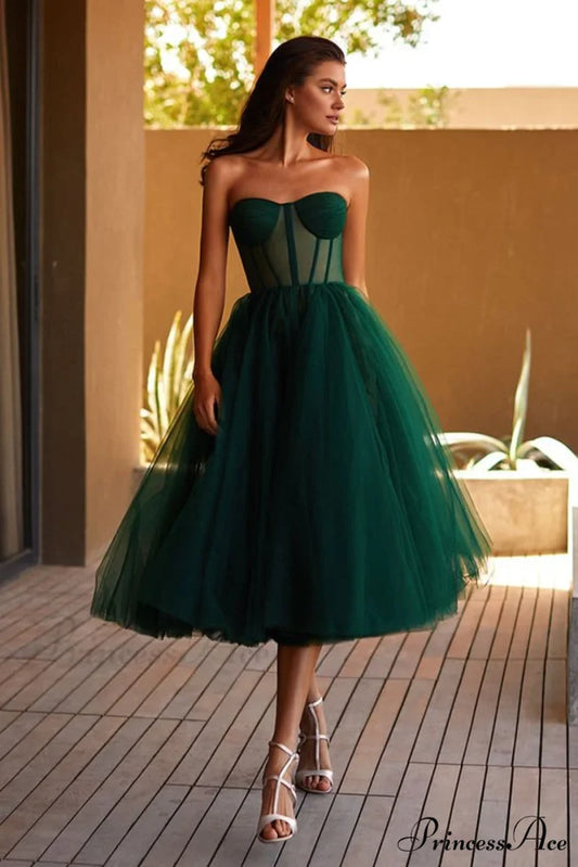All For Love Trendy Strapless Tulle Midi Dress Green / 2