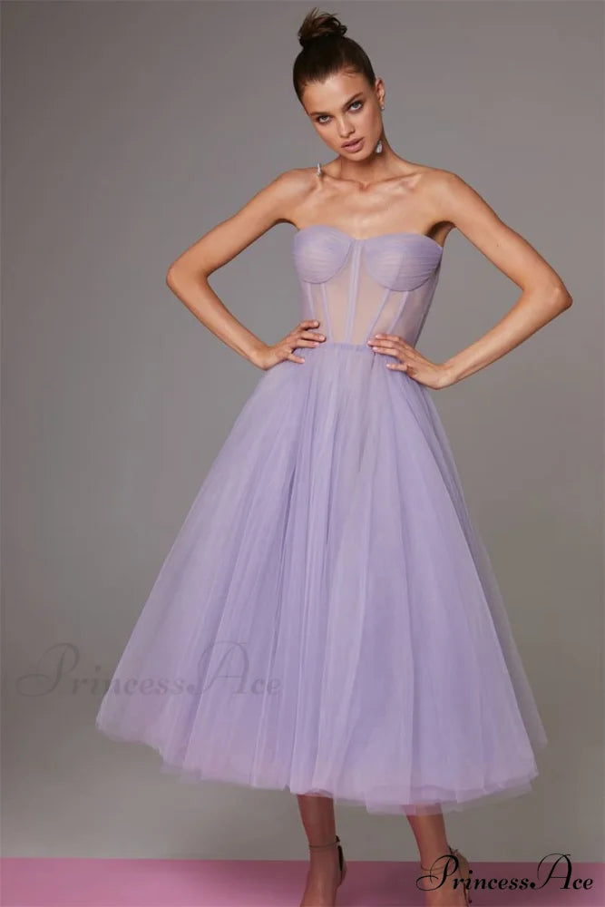 All For Love Trendy Strapless Tulle Midi Dress Lavender / 2