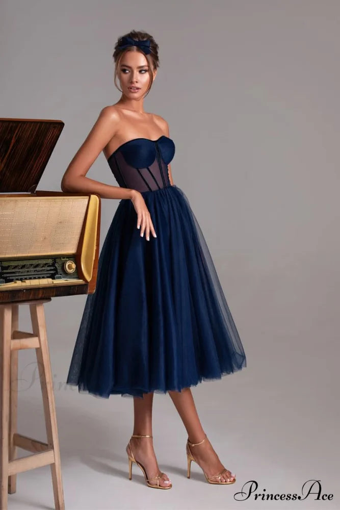 All For Love Trendy Strapless Tulle Midi Dress Navy Blue / 2