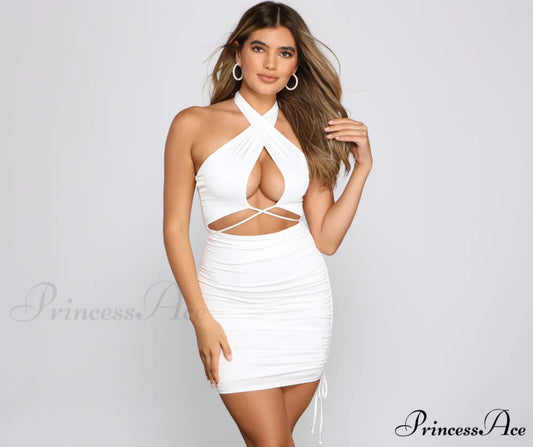 All The Ruched Charming Moves Cutout Mini Dress WHITE / XS