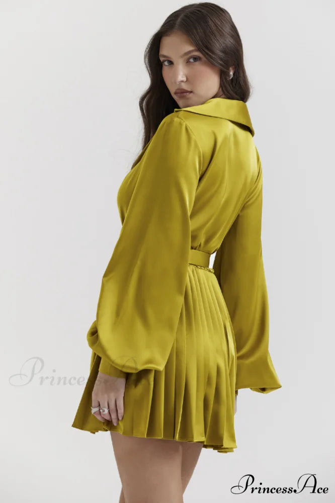 Allegra Chartreuse Stylish Pleated Shirt Dress