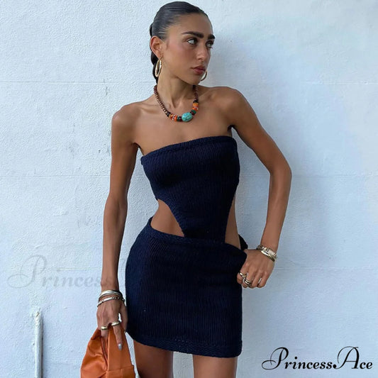 Alluring Eyelash Lace Trim Split Classic Club Mini Dress - Black M / Navy Blue