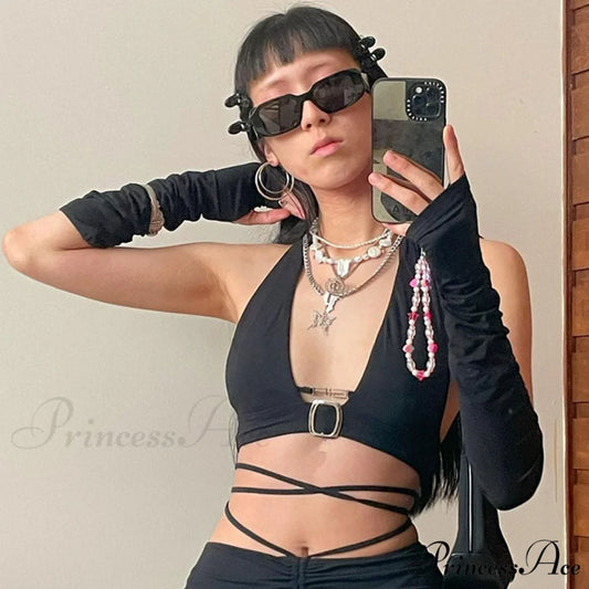 Alluring Solid Color Cowl Neck Classic Studded Halter Crop Top - White S / Black