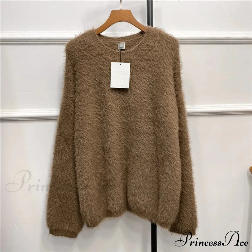 Alpaca-blend Cozy Loose Warm Comfortable Unique Trendy Casual Sweater Chocolate / S