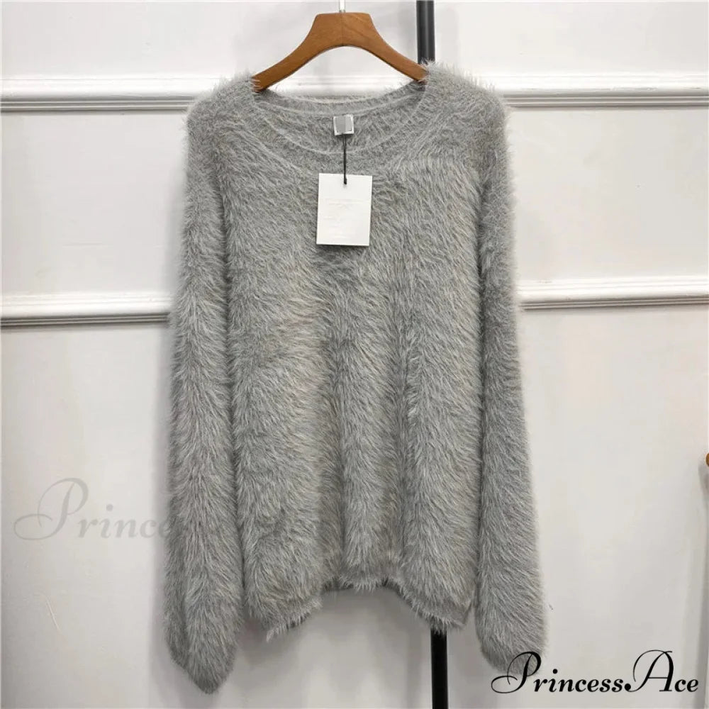Alpaca-blend Cozy Loose Warm Comfortable Unique Trendy Casual Sweater Light Grey / S