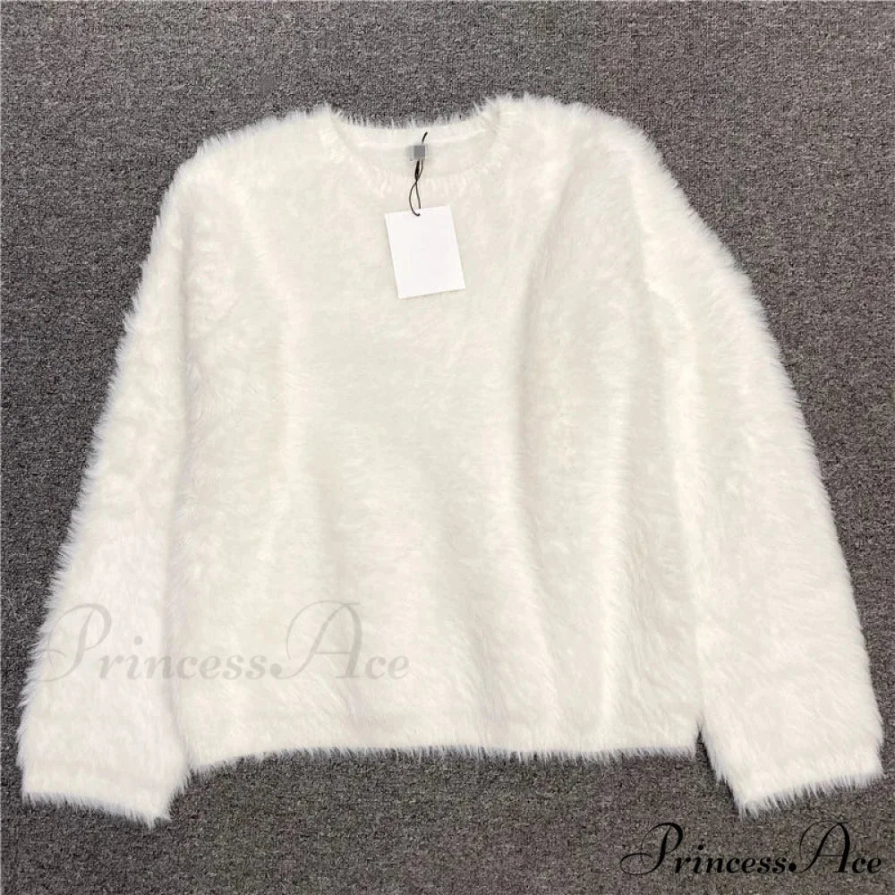 Alpaca-blend Cozy Loose Warm Comfortable Unique Trendy Casual Sweater WHITE / S