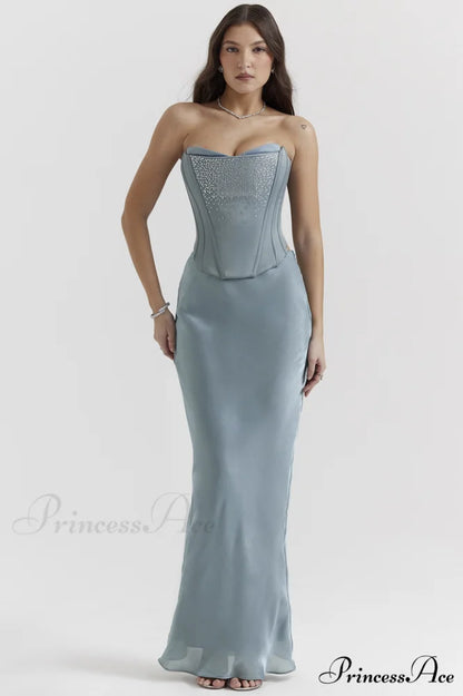 Amadi Satin Bra Charming + Maxi Skirt Set XS / Cool Blue