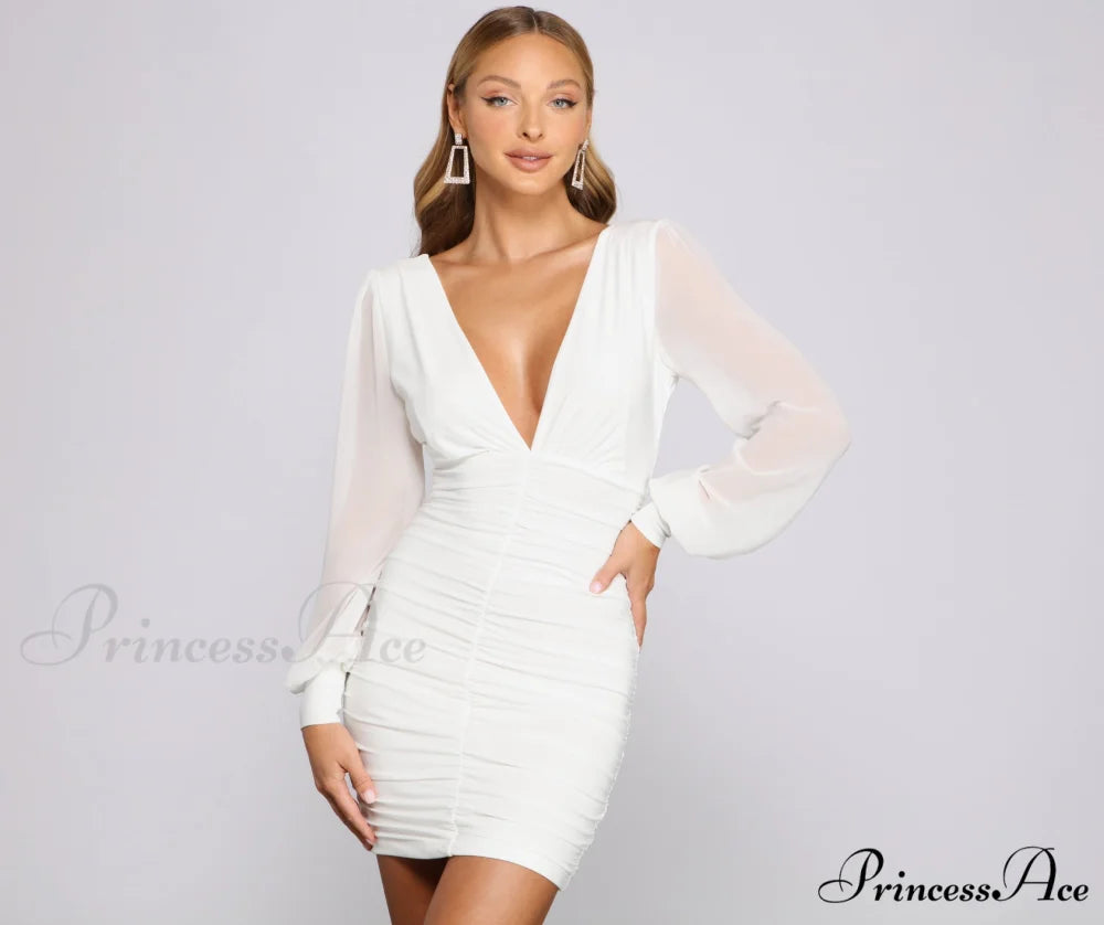 Amaria Formal Ruched Charming Chiffon Mini Dress WHITE / XS