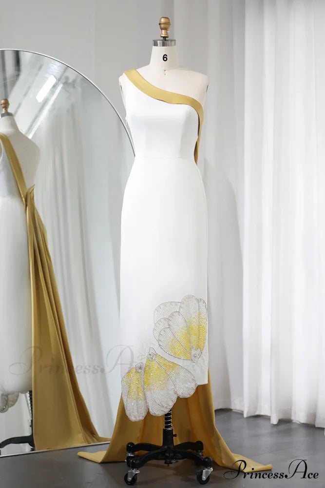 Ameena Beaded Graceful One-Shoulder Midi Dress Yellow / 2