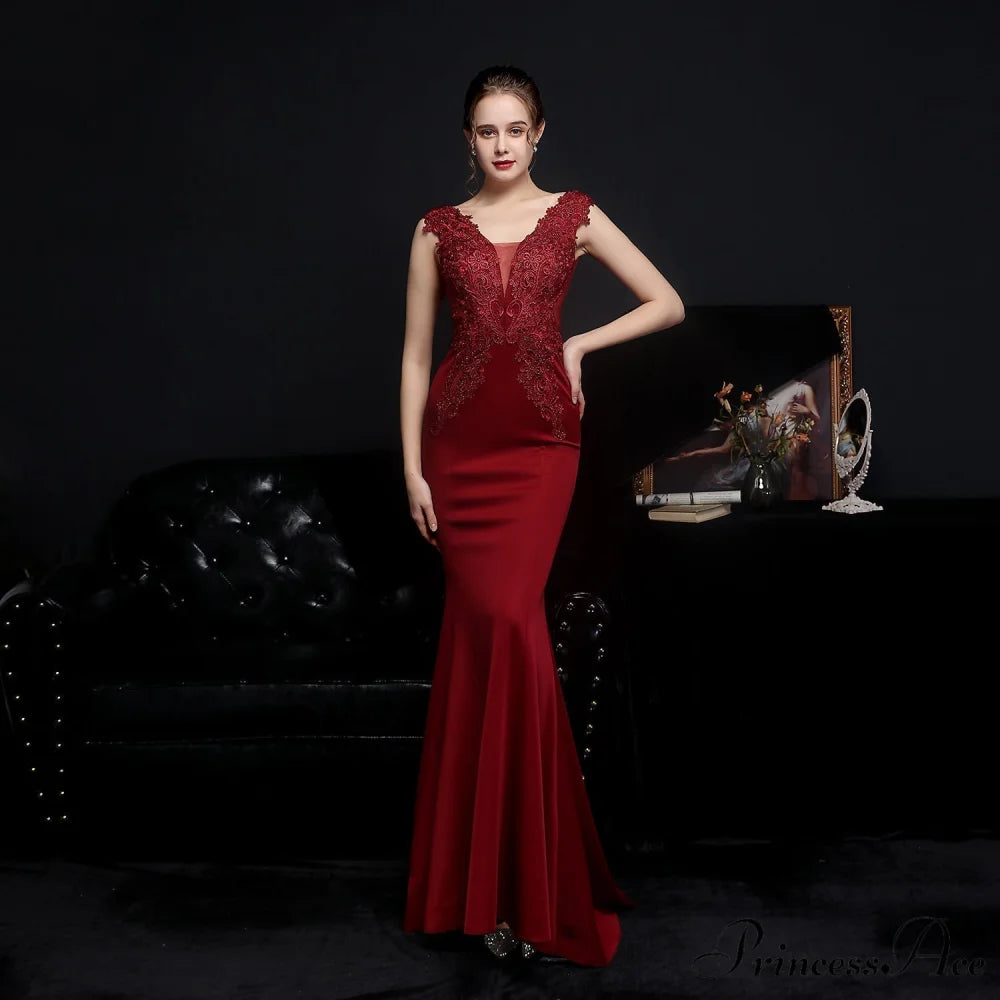 Amelia embroidered Stylish sequined fishtail dress RED / XS