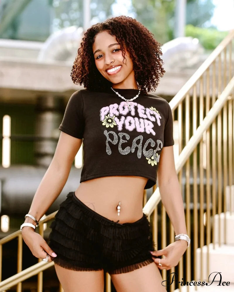 American Display Waist Letter Graphic T-shirt black / S t-shirt-250223