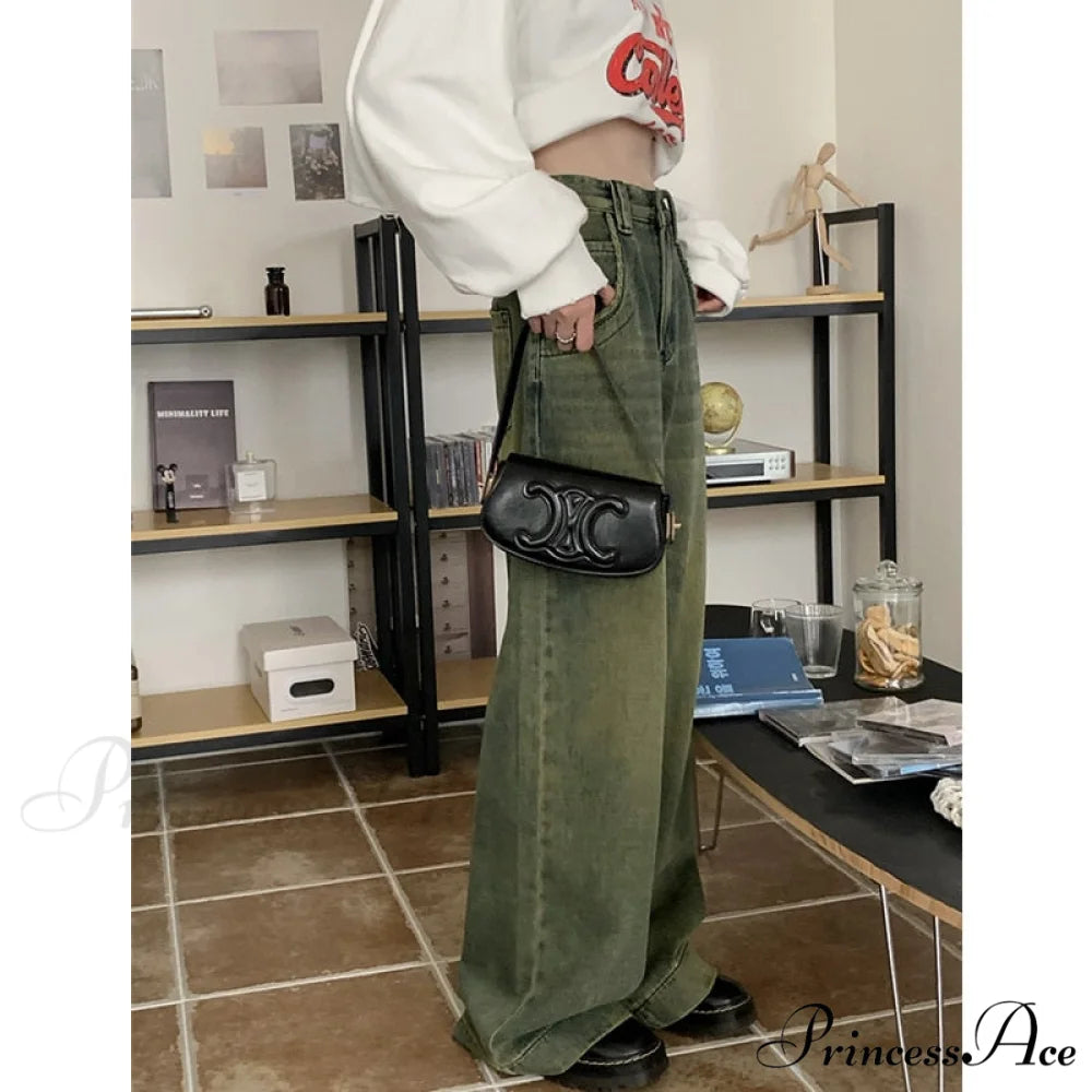 American Fashion Blue Jeans Waist Vintage High Streetwear Dark Leg Women - Denim Wide Trouser Nostalgic yellow / S