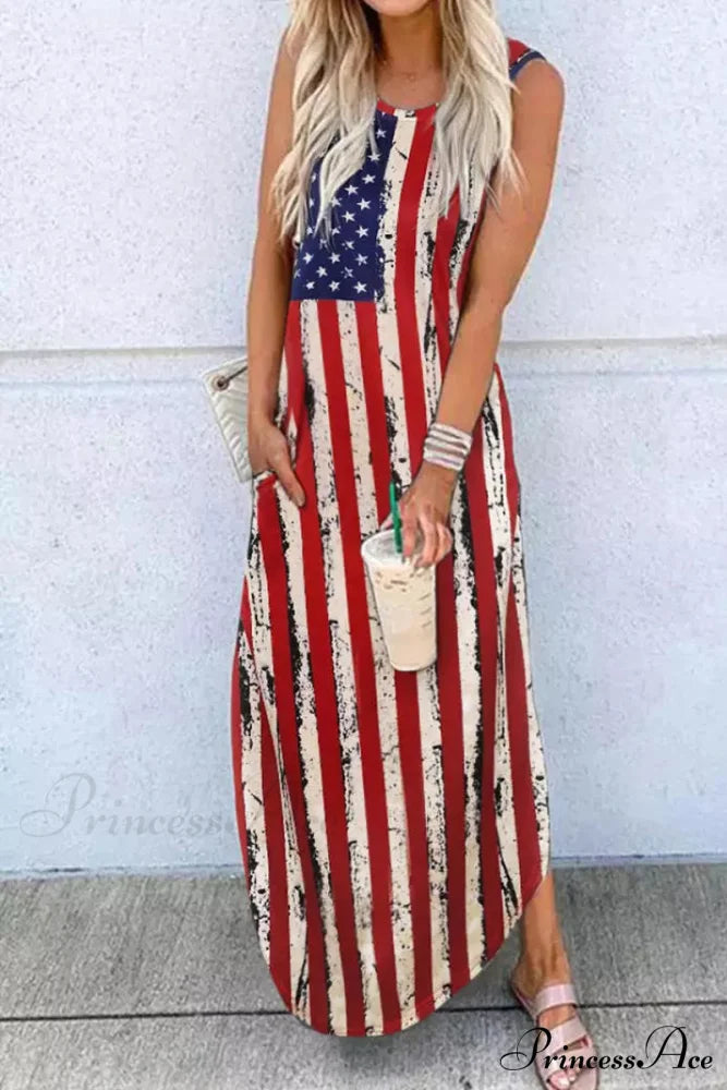 American Flag Star Trendy Striped Sleeveless Mini Dress