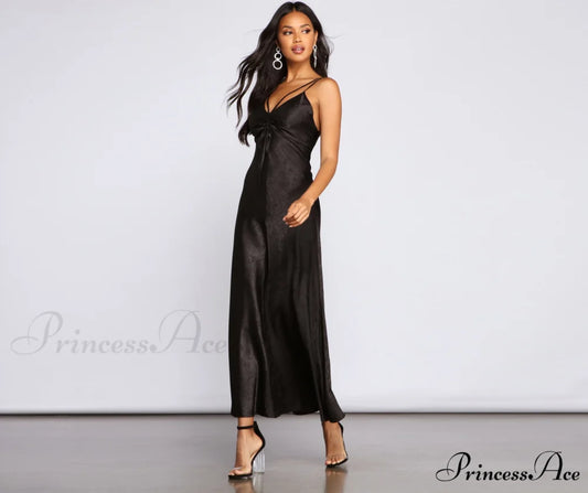 Amora Formal Ruched Charming Satin Slip Dress BLACK / S