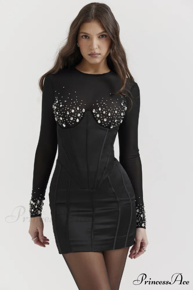 Anastasia Crystal Stylish Embellished Belted Dress XS / Black
