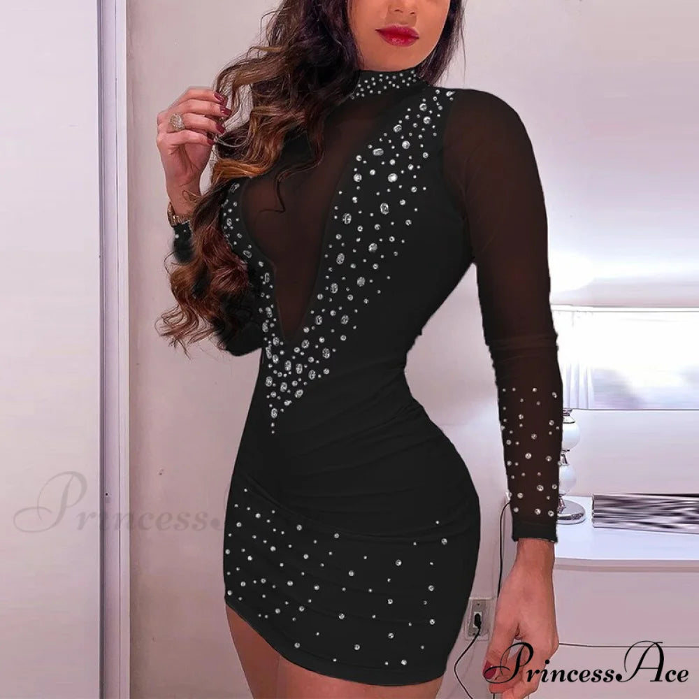 and Arm Detail - Gown Diamond with Lace Long Sheer Mesh Elegant Sequined Patchwork Party Mini Women’s Bodycon Dress