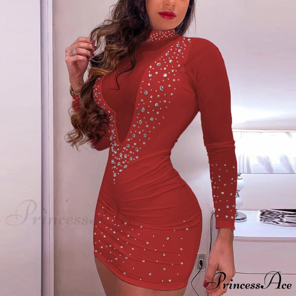 and Arm Detail - Gown Diamond with Lace Long Sheer Mesh Elegant Sequined Patchwork Party Mini Women’s Bodycon Dress Red