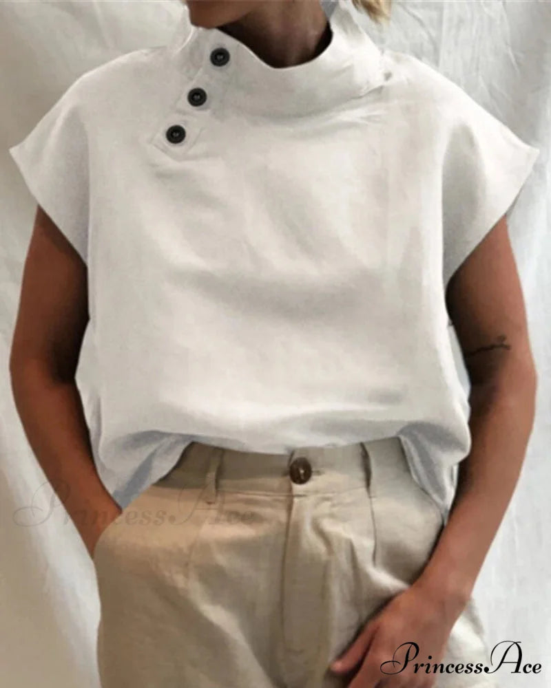 and Cotton Neckline Button Linen Stand Top