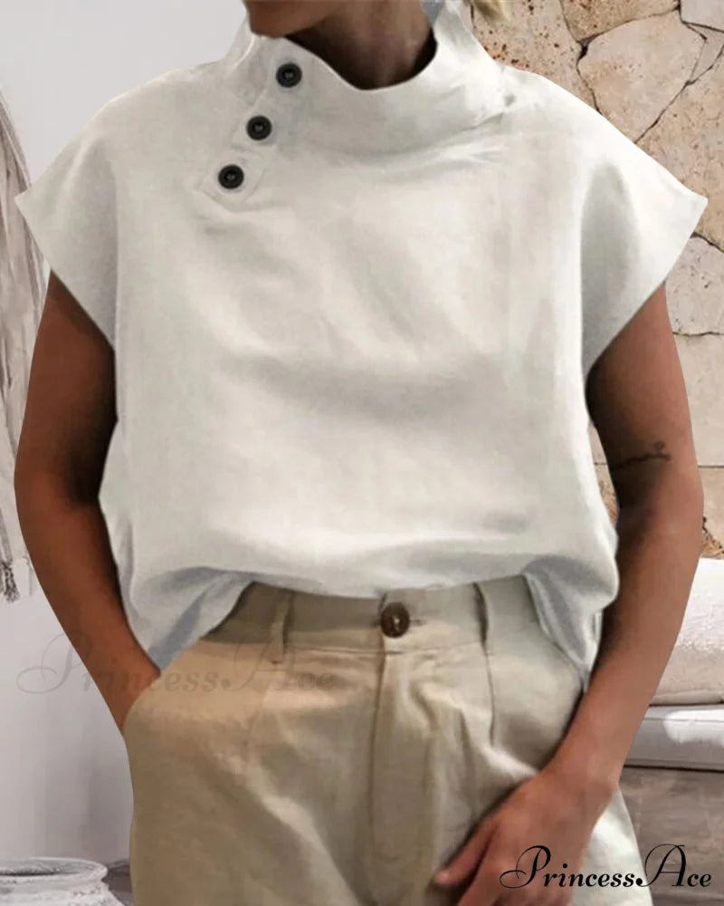 and Cotton Neckline Button Linen Stand Top