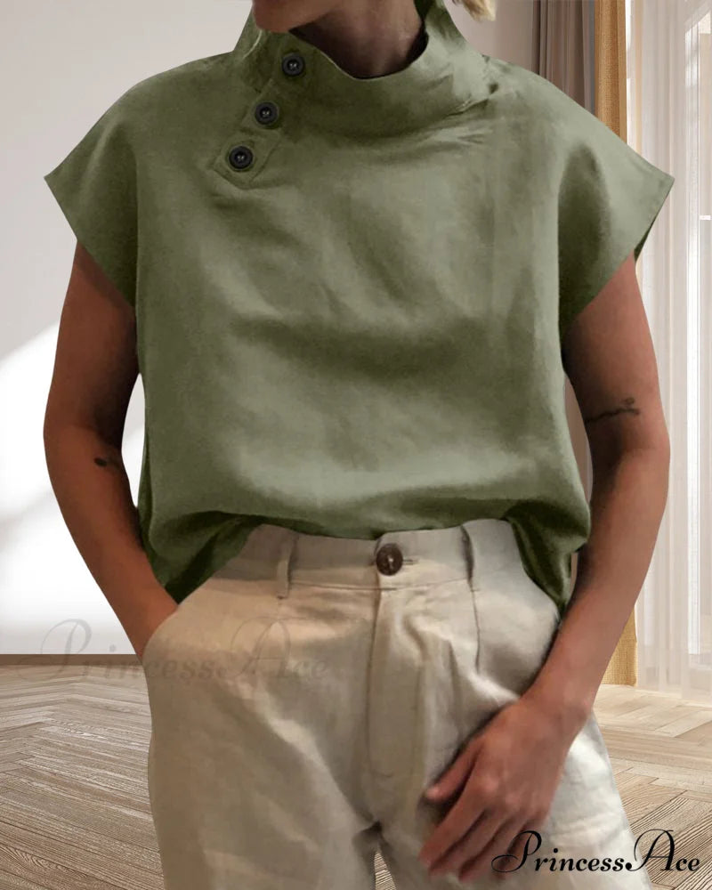 and Cotton Neckline Button Linen Stand Top Green / S